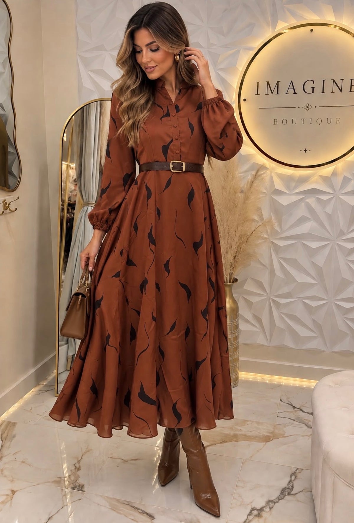 Brown Printed Midi Dress