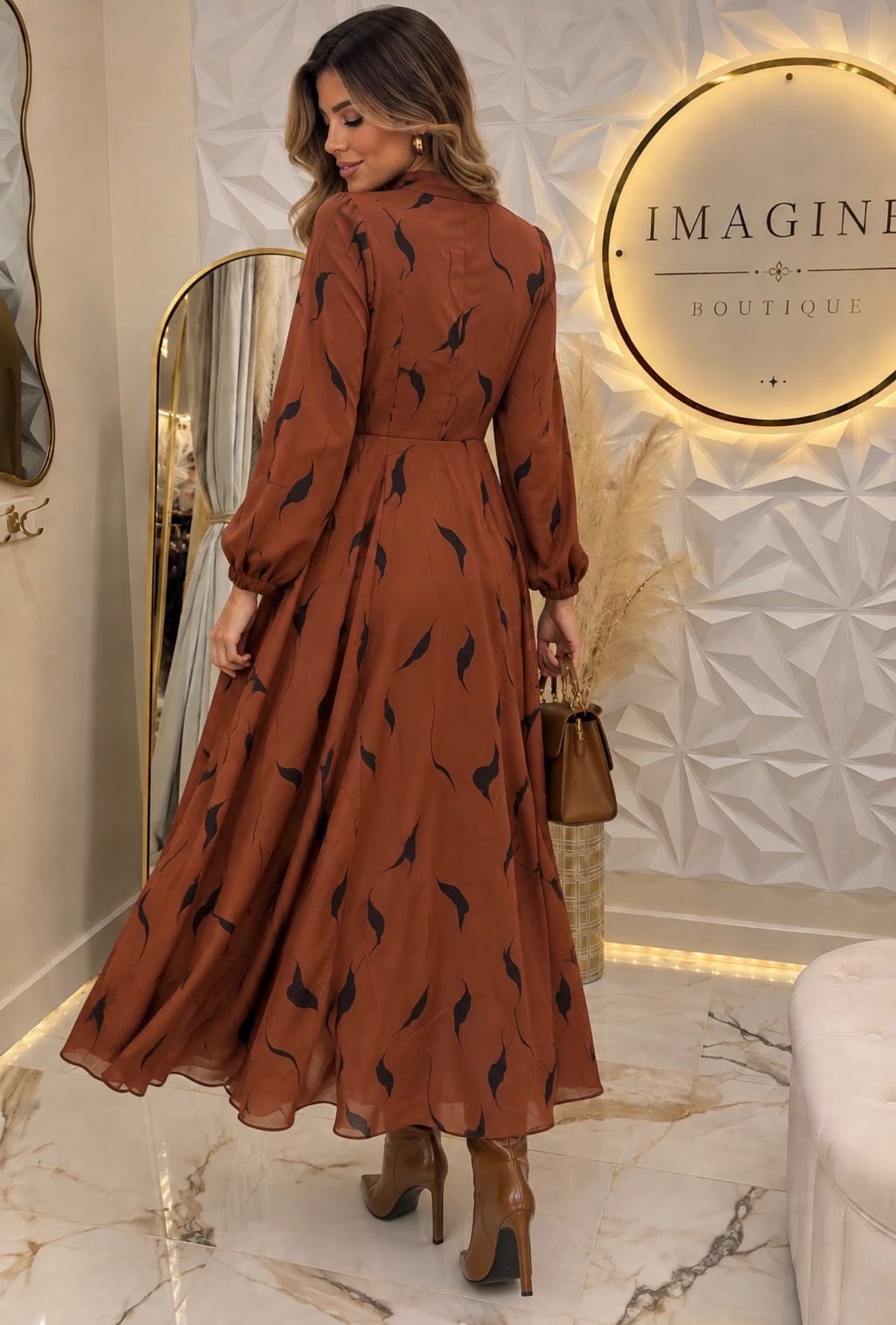 Brown Printed Midi Dress