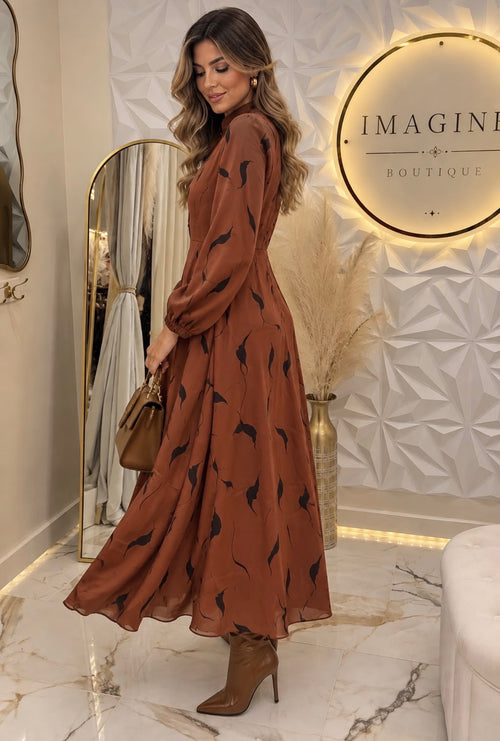 Brown Printed Midi Dress